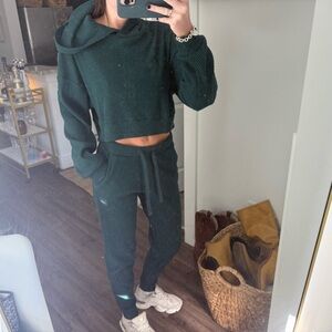Alo Dark Green Ribbed Hoodie and Jogger Set